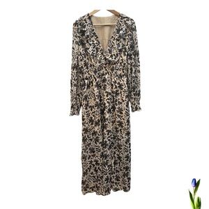 Elegant Black and Cream Floral Long Sleeve Dress (gold details) Size L